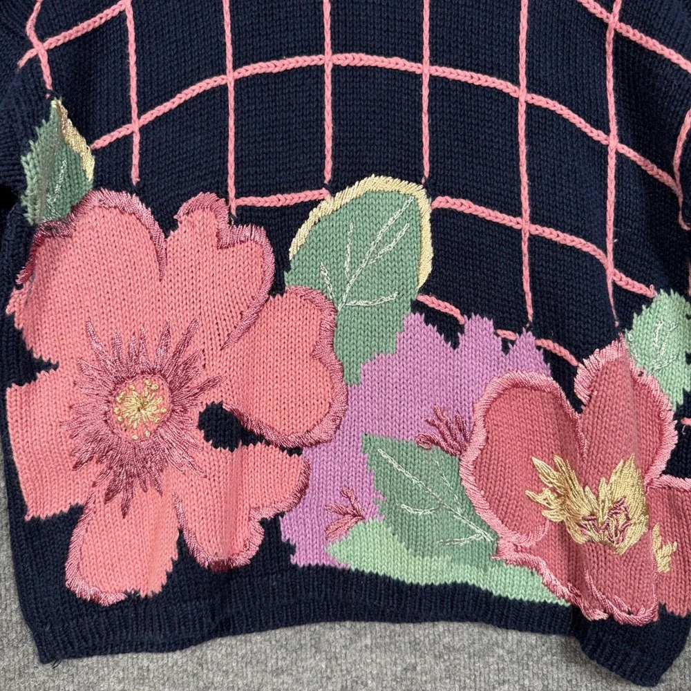 Vtg Herman Geist XL Sweater Black Pink Ramie Cotton Embroidered Flower Grandma